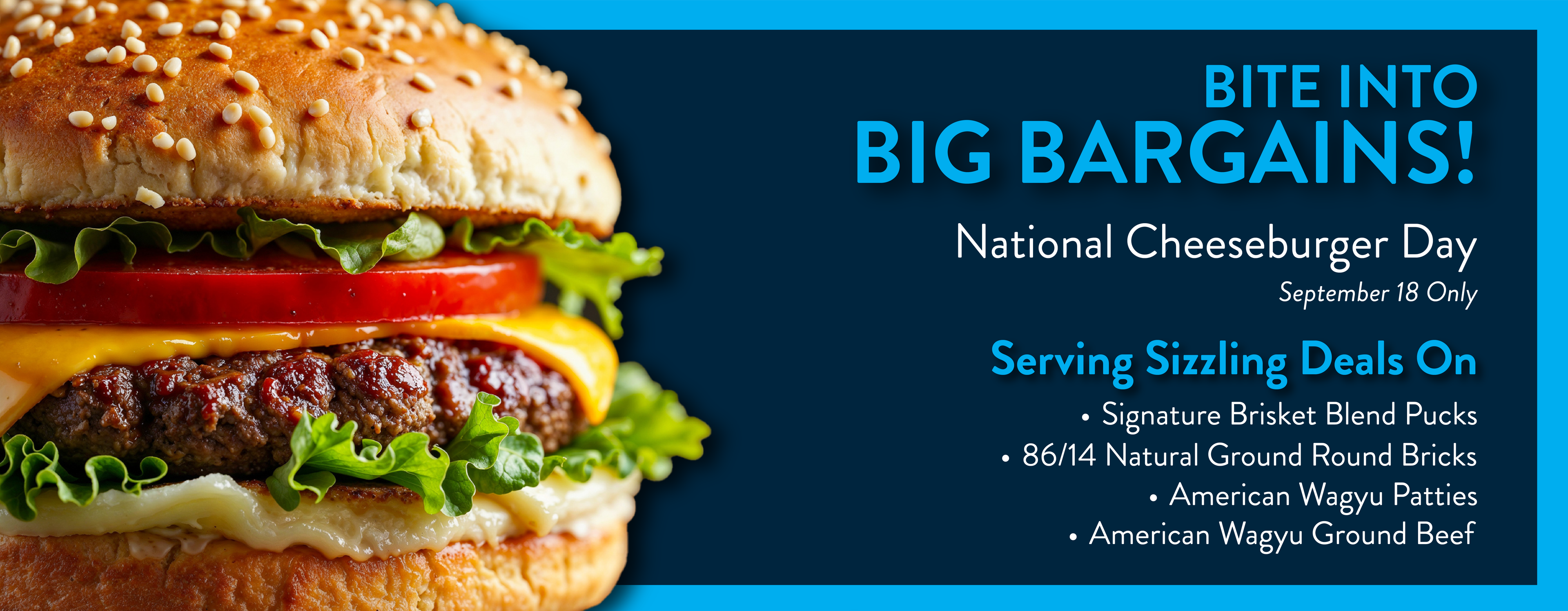 Promotional banner for National Cheeseburger Day with a cheeseburger and text about special offers.