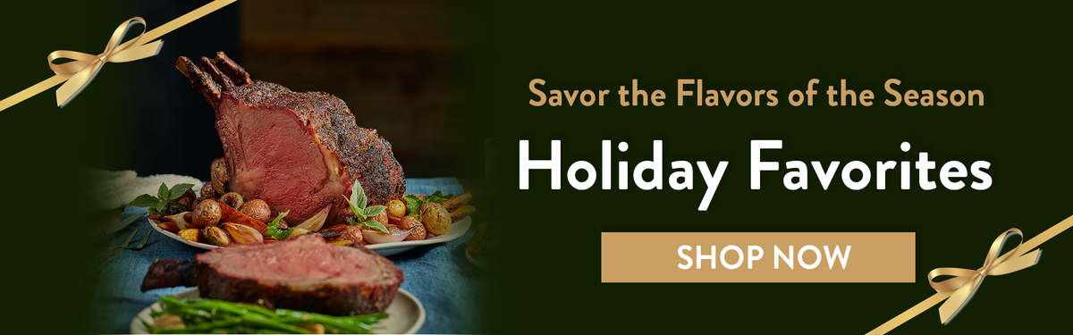 Banner promoting Seasonal Holiday Favorites with a 4Bone Prime Rib Roast and text describing the promotion