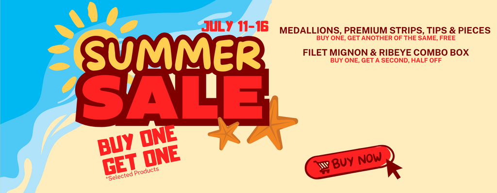 Summer But One, Get One sale advertisement with promotional text and summer graphics on a blue and beige background 