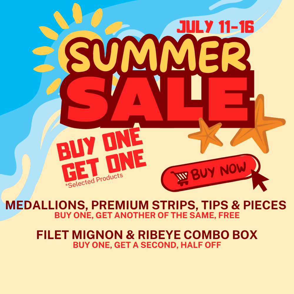 Summer But One, Get One sale advertisement with promotional text and summer graphics on a blue and beige background