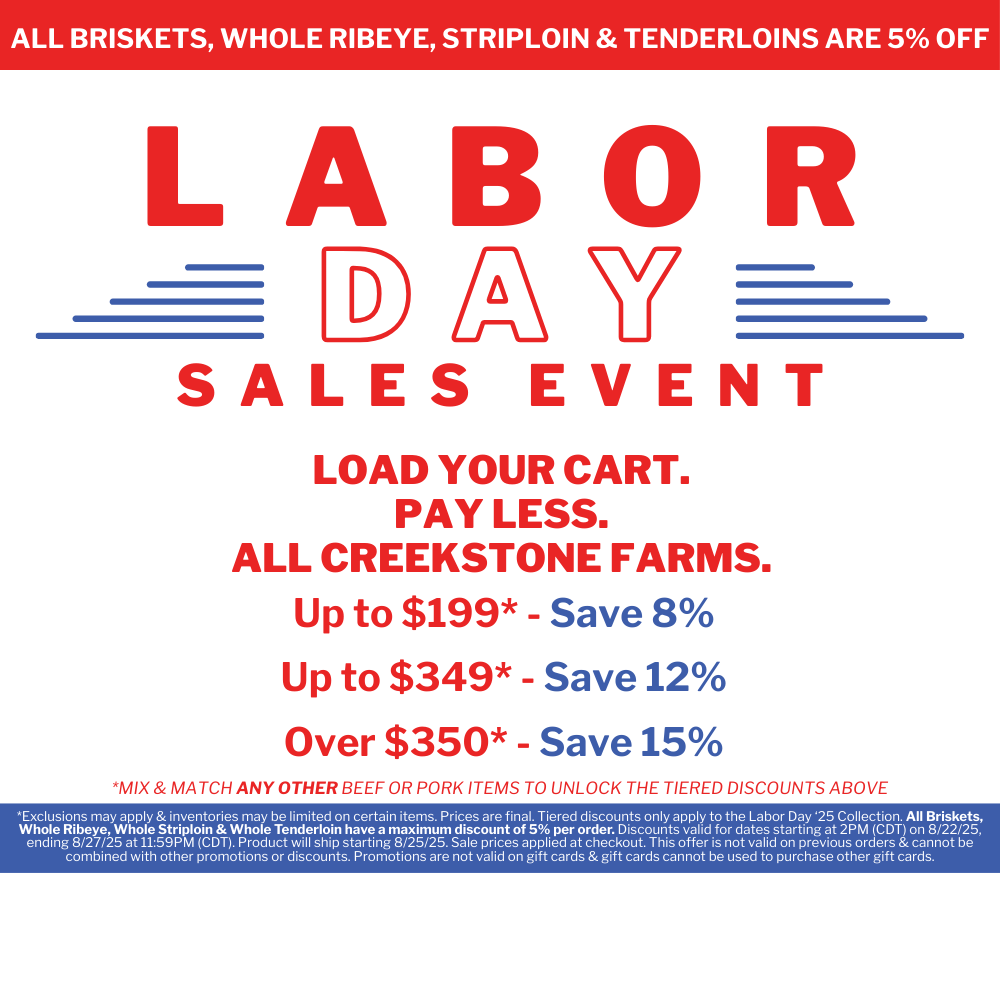 Labor Day sales event advertisement for Creekstone Farms with discount information.