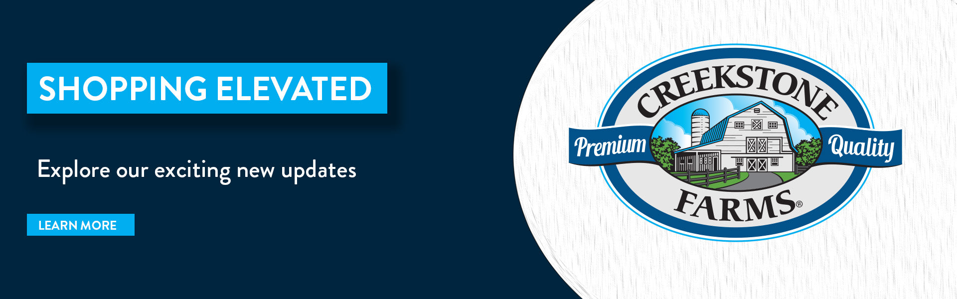 Creekstone Farms logo on a white circle with blue text box on a dark blue background.  Text describes changes to Creekstone Farms site